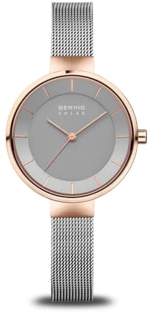 Bering Women's Watch Solar Movement - Solar Collection with Stainless Steel and Sapphire Crystal 14631-XXX Bracelet Watches, Grey/Rose Gold, 31, Bracelet
