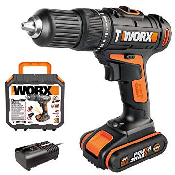 WORX 18V(20V MAX) Akku-Schlagbohrschrauber WX371, 2,0Ah, PowerShare, 2 Gänge, Koffer, 13mm Bohrfutter, 18+1+1 Drehmomentstufen, Bohrschrauber Schlagbohrer