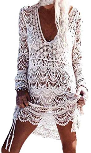 JFAN Mujeres Encaje Ganchillo Hueco V Cuello Vestido De Playa Bikini Cover Up Sexy Kaftan TúNica Playa Traje De Baño Vestidos Tejidos Crochet Mujeres(Blanco,Talla única)
