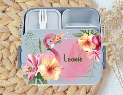wolga-kreativ personalisierte Mepal Brotdose blau Flamingo Blumen - Lunchbox Kinder, Jausenbox mit Fächern und Namen für Kindergarten Schule Einschulung