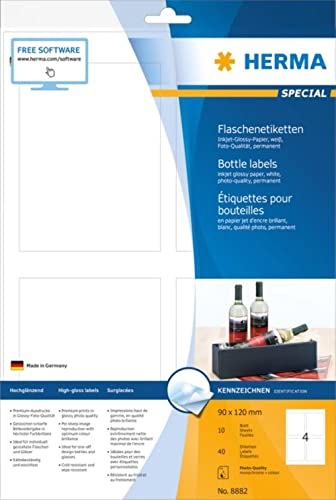 HERMA Flaschenetikett, Flaschen/Gläser, Inkjet, 4 auf Bogen, selbstklebend, Papier, 90 x 120 mm, weiß, glänzend (40 Stück), Sie erhalten 1 Packung á 40 Stück