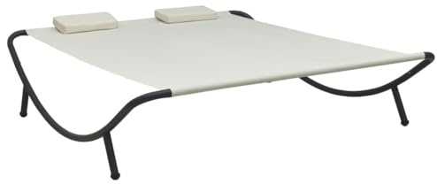 vidaXL Outdoor Loungebett mit 2 Kissen für 2 Personen Doppelliege Gartenliege Relaxliege Sonnenliege Liege Gartenmöbel Stoff Cremeweiß | Robuster, pulverbeschichteter Stahlrahmen, für den Außenbereich geeignet, gepolstert mit atmungsaktivem Polyester