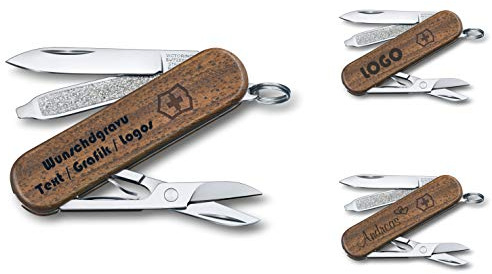 Taschenmesser CLASSIC SD WOOD Nussbaumholz mit Wunsch Gravur auf der Messer Schale I Geschenk für Männer Frauen I zum Geburtstag I Schweizer Taschenmesser personalisiert 5 Funktionen 0.6221.63