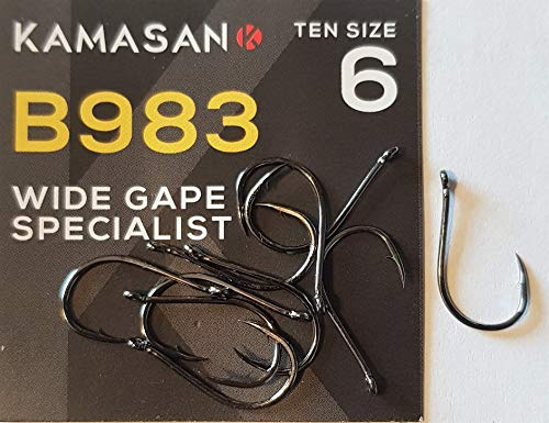 KAMASAN B983 Angelhaken mit abgewinkelter Öse, grobe Angelstange für Karpfen, Angeln, 6 Stück (10 Haken pro Packung)