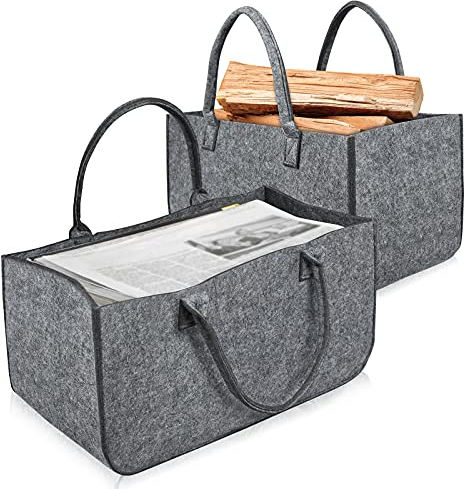 Aufun Borsa in feltro, 2 pezzi Borsa portalegna Cesta con Manico Pieghevole, borse in feltro per la spesa, Cesta per Legna per la conservazione di legno, giornali (50 x 25 x 25 cm, Grigio Chiaro)