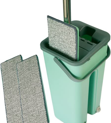 Mopa Fregona Cubo para Limpiar Suelos con 2 Almohadillas Absorbentes Escurridor Mop Secado Suelos Laminados Madera Tarima Parqué Azulejos Limpieza Hogar