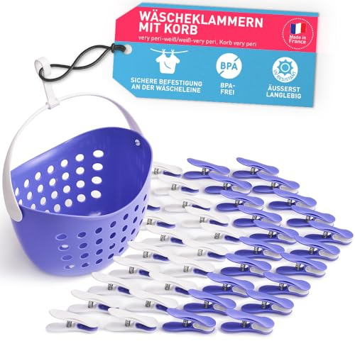 culiclean Cesta Pinzas Ropa – Very Peri-Blanco, 40x+Cesta | Pinzas para Tender Ropa que No Dejan Marca, Plástico Resistente y BPA-Free, Fabricado en Francia