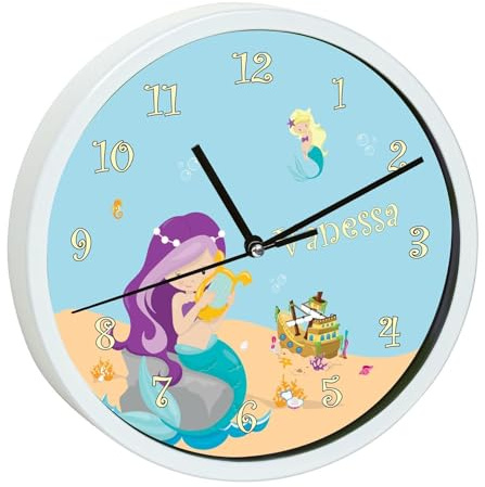 CreaDesign, Wanduhr Kinder personalisiert mit Name, Motiv Meerjungfrau, Rahmen Wanduhr weiß, Ø 19,5 cm