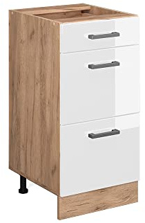 Vicco Küchenunterschrank R-Line, Weiß Hochglanz, 40 cm | 3 Schubladen · Ohne Arbeitsplatte · Höhenverstellbare Füße · ✓ Leichter Zugriff · ✓ Frei kombinierbar
