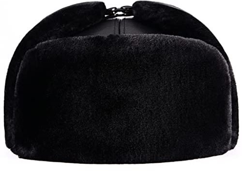 ZHOUXIAO Winter Lederhut Aviator Hut Ohrlappen, Unisex Winddichte wasserdichte Mütze Echte Lederhüte Bomber Trapper Hut,warme Jagd Hut Russian Kunstpelz Trooper Hut, Geschenk black-56-57CM