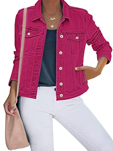 Luvamia Women's Classic Casual Long Sleeve Button Down Trucker Jacket Coat - Viva Magenta/Raspberry Rose Pink - Size Medium (Fits 8/10)