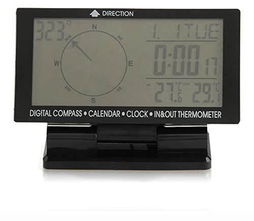 Riloer Thermomètre numérique de voiture noir avec grand écran LCD de 3,9 pouces, rétro-éclairage bleu horloge boussole