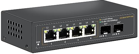 Davuaz Commutateur Ethernet 2.5G Non administré avec 4 Ports 2.5G Base-T et 2 Ports Uplink 10G SFP, Compatible avec 100/1000/2500Mbps, Design sans Ventilateur, Commutateur réseau 2.5Gb en métal