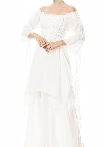 Women’s Retro Medieval Costume Renaissance Dress with Ruffle Sleeves, Sexy Halloween Party Costumes Gothic Victorian Long Off Shoulder Dress(White,S)