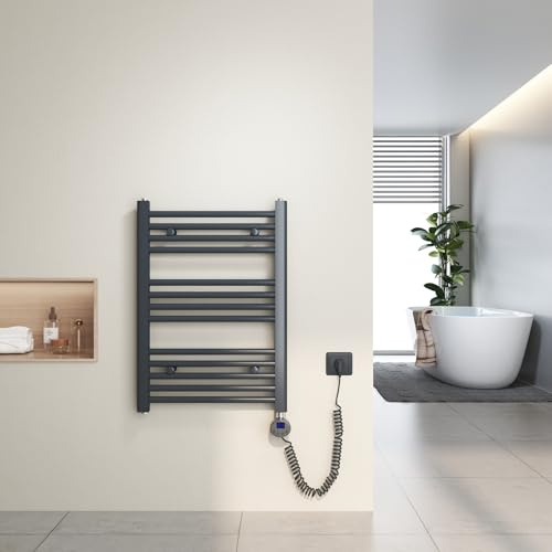 Heilmetz Scaldasalviette elettrico antracite 70x50 cm,Radiatore elettrico con termostato digitale e funzione Timer per asciugamani,Asciugatore elettrico per asciugamani,300 W
