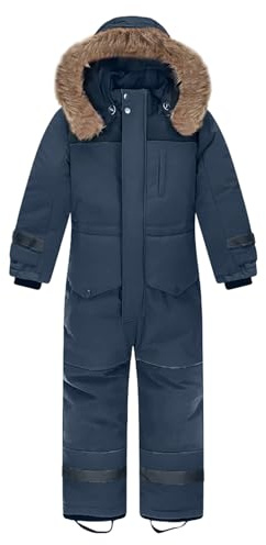L SERVER Kinder Skianzug Jungen mit Kapuze Winddichte Wasserdichte Schneeoverall Mädchen Warmer Schneeanzug Dickere Skioverall mit Reflektierenden Streifen, Marineblau, 122-128