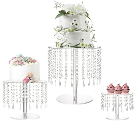 LANLONG Alzata per torte in cristallo per feste, in acrilico trasparente, set per tavolo da dessert, 3 pezzi, supporto rotondo per torte e cupcake, decorazioni per matrimoni, feste di compleanno,