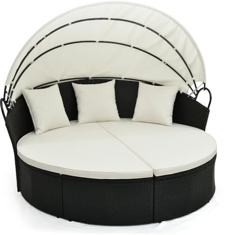 COSTWAY Tumbona Isla de Ratán Jardin, Toldo Plegable, Isla de Ratán con Cojines y Almohadas, Protección UV, Cama Isla Exterior (Blanco)