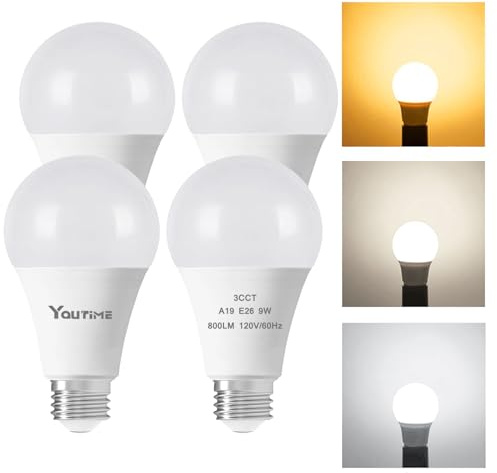 Youtime LED Light Bulb A19 3 Color Temperature 3000K-5000K-4000K,3CCT Color Changing Light Bulbs,Energy Saving 9W(60W Equivalent) LED Bulb,810LM for Bedroom,Living Room,4 Pack