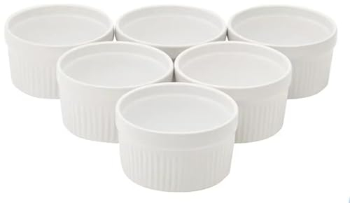 WishDeco Juego de 6 Moldes Souffle, 200ml/8 oz Ramequines Horno, Cuencos Aperitivos Ceramica, Moldes para Natillas, Pequeños Cuencos Blancos para Salsas, Crema