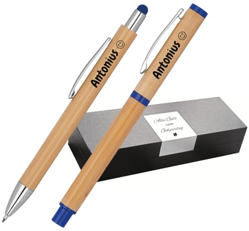 Schmalz® Schreibset aus Bambus mit Box Kugelschreiber und Tintenroller mit Gravur | Großraummine | einzigartige Stifte mit Namen personalisierte Geschenke | mit Wunschgravur (blau)