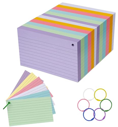 Karteikarten, 600 Stück Karteikarten mit Ring, 7,5 x 12,7 cm Karteikartenset mit Ringen, 6 Farben mit Horizontalen Linien, Beidseitig Beschreibbar, für Notizen, Memos und Listen