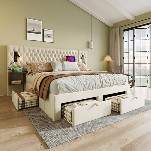 Idemon Bettanlage Schlafzimmer Komplett Set,Polsterbett Doppelbett 160×200 cm mit 2 Nachttischen und 4 Schubladen, Kopfteil Leselicht mit USB Ladefunktion-243×211×106cm,Samt (Ohne Matratze) (Beige)