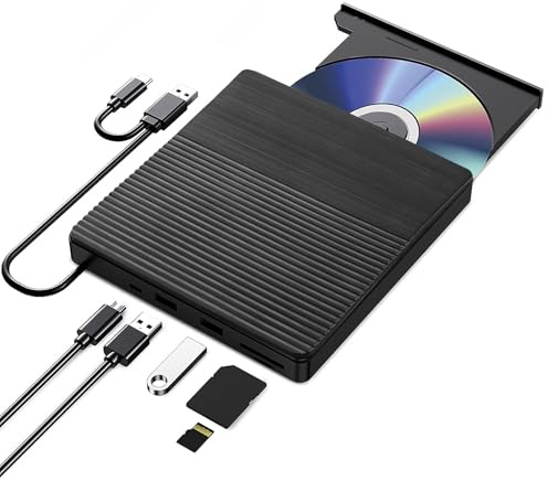 TEIMA External CD DVD Drive, USB-C/3.0 Optical Disc Burner Reader Writer, Multi Port with SD/TF Card Slots, Compatible with Laptop, PC, Mac, Windows 11/10, Black