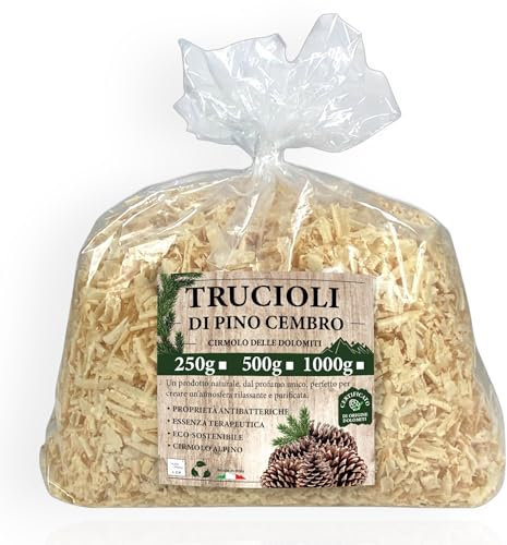 Tex family | Trucioli di Pino Cembro | 100% Naturali e Certificati | Profumati e Purificanti per Relax | Ideali per Cuscini e Sacchetti | Aroma Balsamico Dolomiti, 500 Grammi