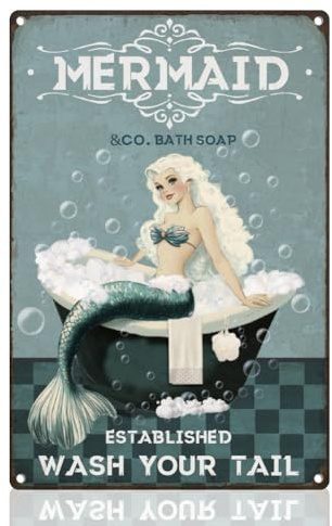 DOODLREAM Mermaid Retro Wall Decor Metal Tin Sign 20 x 30cm Wash Your Tail Vintage Wall Art Poster for Home Coffee Room Bathroom Decor Gift