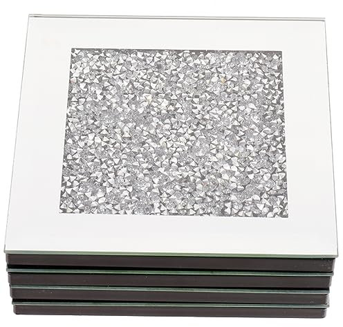 Hoement Posavasos Cuadrados De Cristal Diseño De Gemas De Imitación Plateados, Aislantes Térmicos, para Decoración De Mesa De Comedor y Bar, Set De 4 Piezas