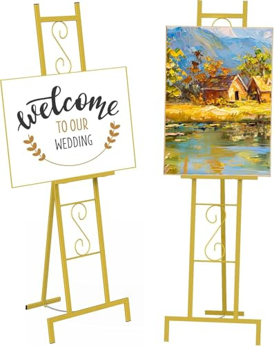 2 Pack Gold Easel Stand for Sign, Adjustable Metal Easels with Chain Support, Welcome Sign Stand for Painting, Display, Poster Picture, Wedding Sign (17 x 17 x 58)