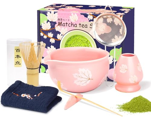 Matcha Whisk Set,7 PCS Matcha Set,Gifts for Women Men,Matcha Kit Inclded Ceramic Matcha Bowl, Whisk and Holder,Bamboo Scoop,Scoop Rest,Sifter,Gifts for Matcha Beginner and Lovers,Birthday