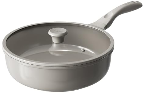 Redchef stekpanna 28 cm med lock, keramisk nonstick-stekpanna för induktion, omelettpanna för alla typer av spisar, PTFE-fri, PFAS-fri, PFOA-fri, reptålig, diskmaskinssäker (Grå)