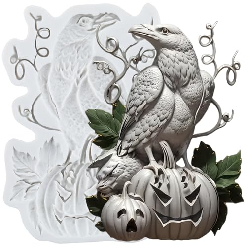 MINFEIDMS Halloween Corbeau Fondant Moules Citrouille Moule en Silicone pour Décoration de Gâteau Cupcake Topper Chocolat Candy Sugar Craft Gum Paste Polymer Clay