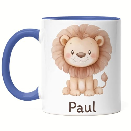Kiddle-Design Kindertasse mit Namen Personalisiert, Personalisierte Tasse Kinder mit Löwe, Namenstasse Löwetasse, Kinderbecher als Geschenk zur Geburt, Taufe Weihnachten - Tasse Blau