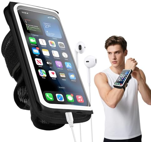 Guzack Running Phone Holder, 2 IN 1 Sweatproof Cycle Gym Sports Mobile Forearm Wrist Phone Armband Case for iPhone 16/15/14/13/11 Pro Samsung S25/24 Phone Arm Strap Running Ridding Jogging Accessories