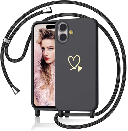 Yichxu Yichu Coque pour iPhone 17 avec Cordon, Souple Silicone Liquide Housse avec Collier, Réglable Lanyard Case, Motif Coeur d'amour Antichoc Etui Protection Cover pour iPhone 17, Noir