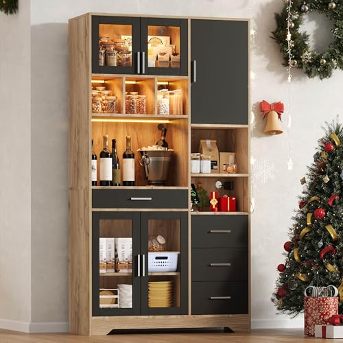 ZKLOEP Estantería de cocina de 185 × 100 × 40 cm, estilo granja vintage, armario de almacenamiento, armario de vitrina, estantes ajustables, luces LED que cambian de color y toma de corriente