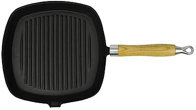 Generico Padella Tegame Griglia in Ghisa con Manico in Legno 20x20 cm,Pentole Piastre e Griglie