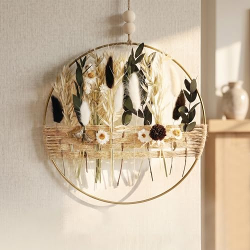 Qivra Trockenblumenkranz Retro, 25 * 25cm Türkranz Deko, DIY Natur Trockenblumenkranz Ring, Frühlingskranz Sommerkranz Girlande Homedeko Hochzeitsdeko, Tür Wand Dekoration