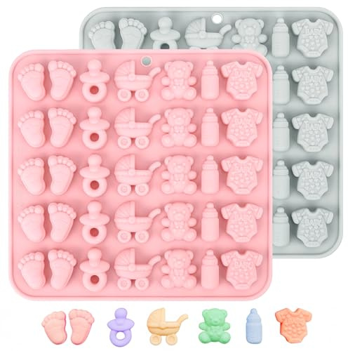 SamHeng Baby Shower Chocolate Moulds, 2 Pcs, Candy Moulds | Non-Stick Silicone, Baby Feet Onesies Pacifier Bottle Carriage Bear Shaped, for Baking Jelly Gummy Desserts