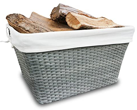 HABAU Holzkorb aus Polyethylen mit Metallrahmen und Stoffeinsatz, ideal für Pellets, grau, 59 x 42 x 32 cm