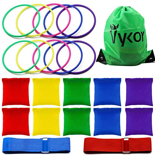 Vykor Sitzsack-Wurfspiel-Set, 10 Stück Wurfringe aus massivem Kunststoff und 10 Stück Nylon-Sitzsäcke, 3-in-1-Weihnachts-Karnevalsspiel für Kinder, drinnen und draußen, Party, Familie, Garten,
