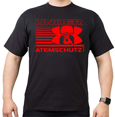 T-Shirt Black, Under ATEMSCHUTZ Atemschutzmaske und Text in rot