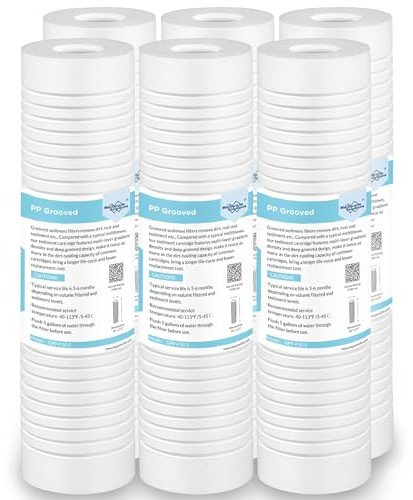 Membrane Solutions Grooved Sediment Water Filter Cartridge (Pack of 6), 5 Micron Whole House Water Filter Universal Replacement 10x2.5 for 10 inch RO Unit, Whole House Under-Sink Filtration System