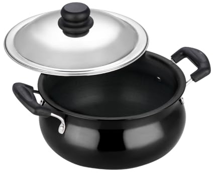 Vinod Hard Anodised Handi – Stainless Steel Lid – Black Pearl – Large Size – 6.5 Liters (6.8 Quarts) – Suitable for Biryani, Pulao, Gravy – Aluminium Pot – Riveted Handles - Metal Spoon Friendly