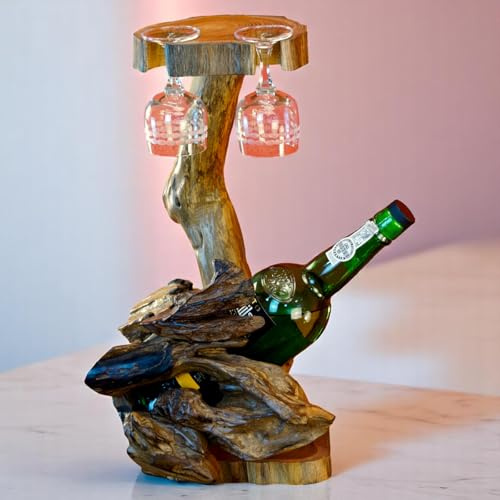 Kinaree Teak Wurzelholz Flaschenständer Weinflaschenhalter aus Massivholz – Rustikales Weinregal Deko für Bar & Küche – Handgefertigtes Unikat Flaschenhalter (1 Flasche / 2 Gläser Natur)