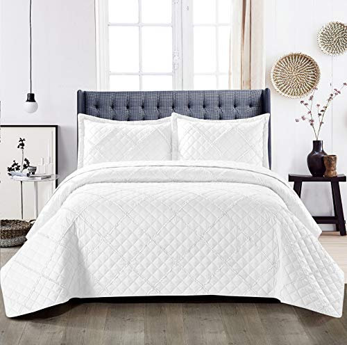 B&B Quilted Bedspread Single Bed Throws for Bedroom - Embossed Pattern Reversible Fabric Ruffle Quilt Bedspreads Coverlets with Pillow Cover - Single 185x240 cm, White