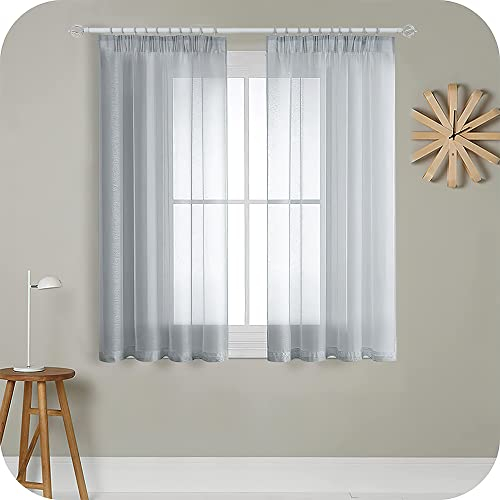 MRTREES Gardinen mit Kräuselband Stores Gardinen Grau kurz transparent 160X140cm (HXB) Schlaufenschals 2er Set Vorhänge in Leinenoptik für Wohnzimmer Schlafzimmer Mädchen Jugend Curtains